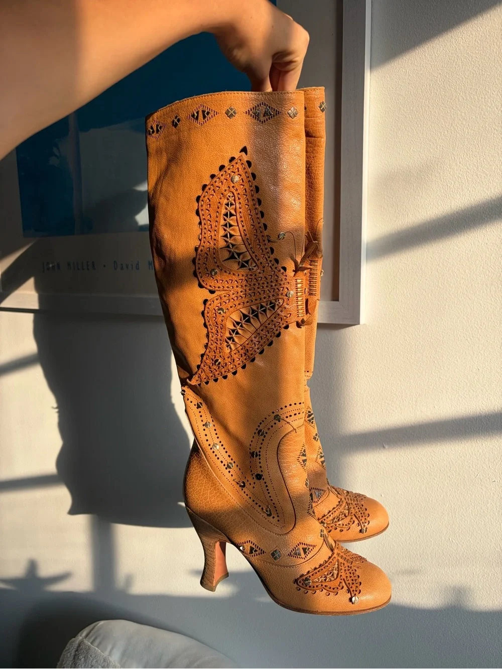 Anna Sui Tan Over-the-Knee Embroidered Leather Boots